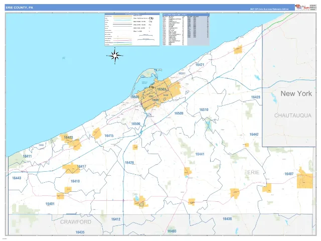 Erie County, PA ZIP Code Wall Map, Business Reference style
