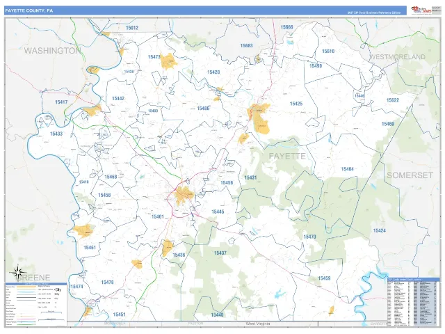 Fayette County, PA ZIP Code Wall Map, Business Reference style