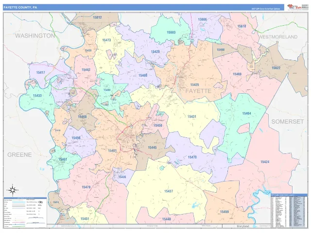 Fayette County, PA ZIP Code Wall Map, ColorCast style