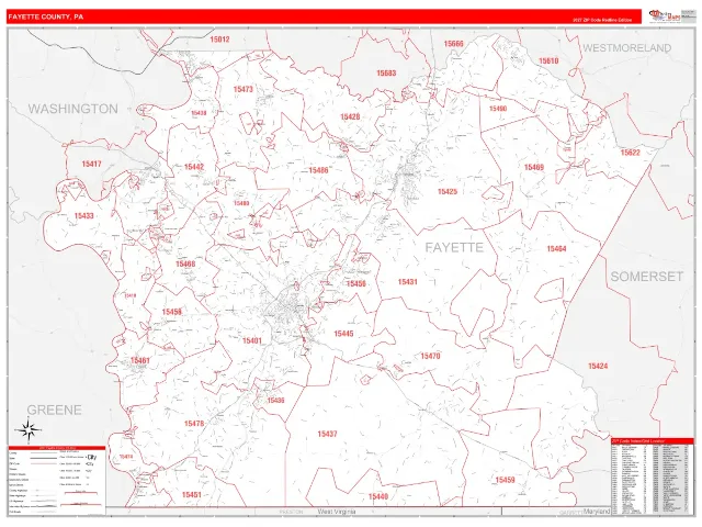 Fayette County, PA ZIP Code Wall Map, RedLine style