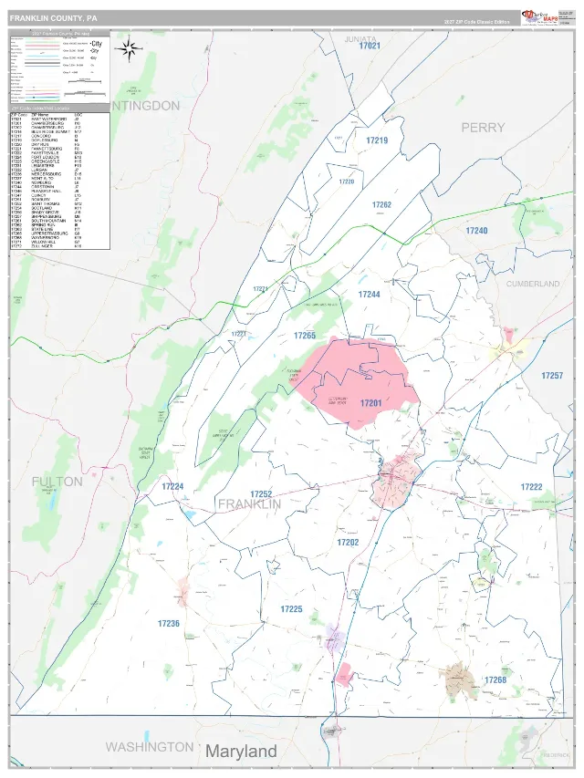 Franklin County, PA ZIP Code Wall Map, Classic style