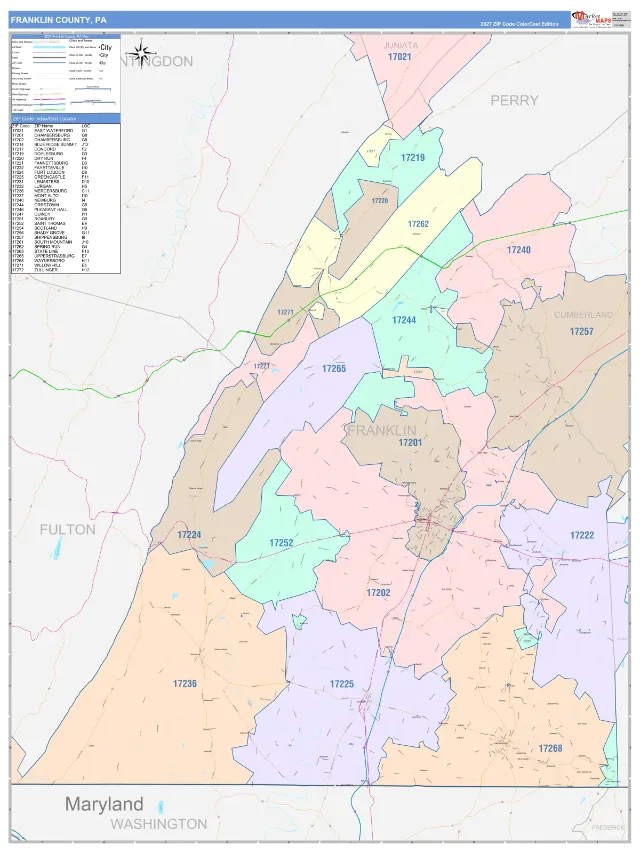 Franklin County, PA ZIP Code Wall Map, ColorCast style