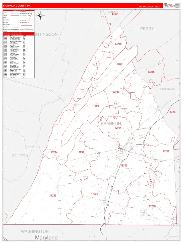 Franklin County, PA ZIP Code Wall Map, RedLine style