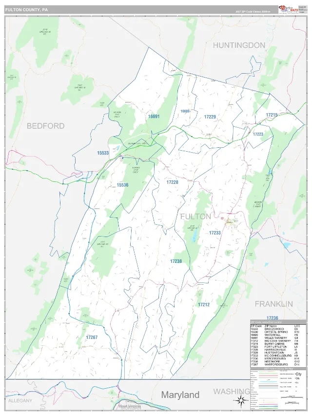 Fulton County, PA ZIP Code Wall Map, Classic style