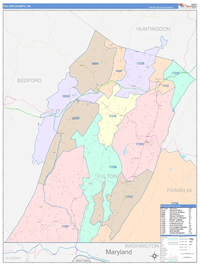 Fulton County, PA ZIP Code Wall Map, ColorCast style