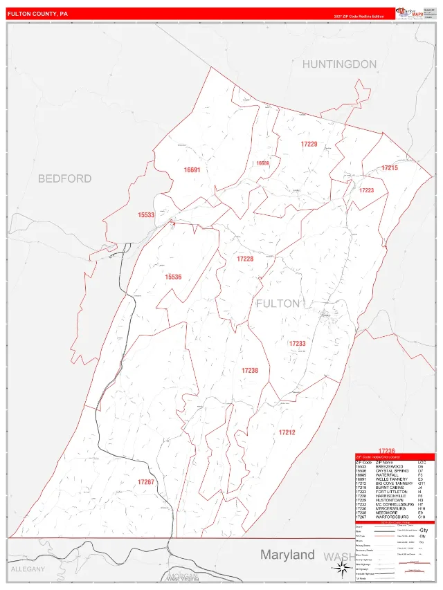 Fulton County, PA ZIP Code Wall Map, RedLine style