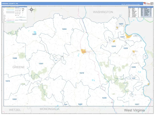 Greene County, PA ZIP Code Wall Map, Business Reference style
