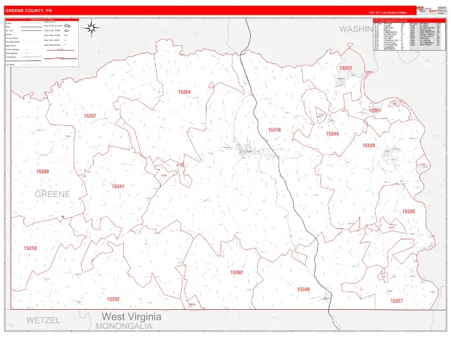 Greene County, PA ZIP Code Wall Map, RedLine style