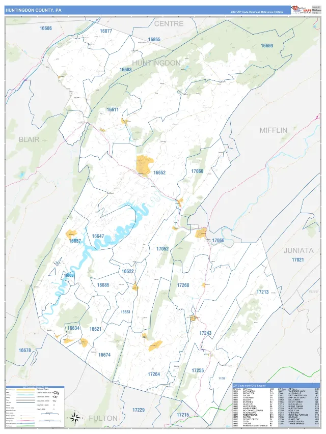 Huntingdon County, PA ZIP Code Wall Map, Business Reference style