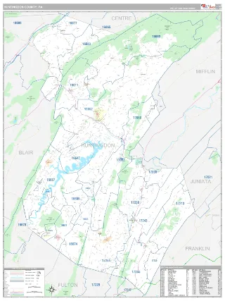 Huntingdon County, PA Classic style ZIP Code wall map