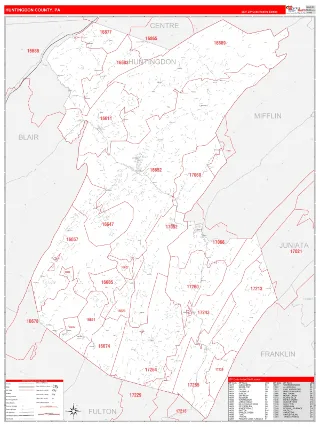 Huntingdon County, PA RedLine style ZIP Code wall map