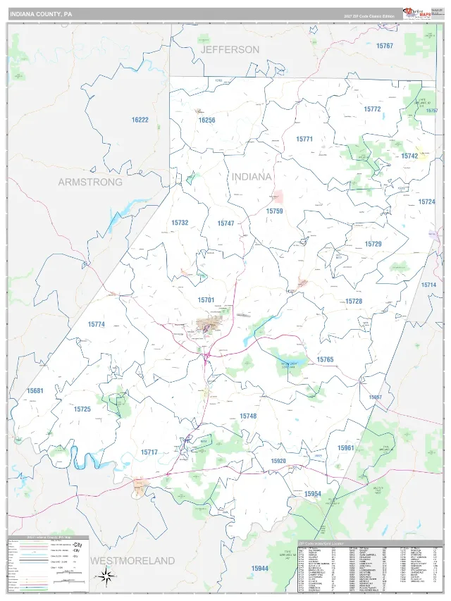 Indiana County, PA ZIP Code Wall Map, Classic style