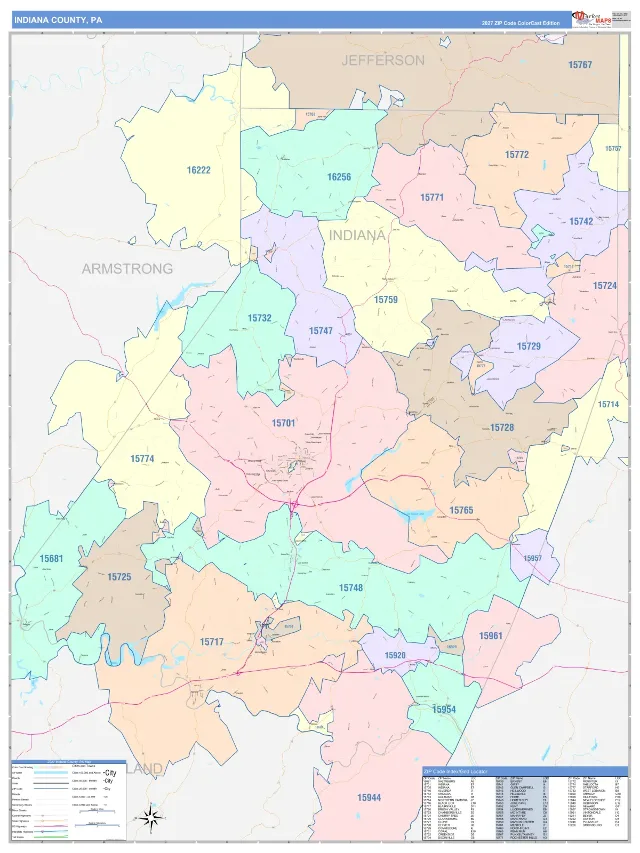 Indiana County, PA ZIP Code Wall Map, ColorCast style