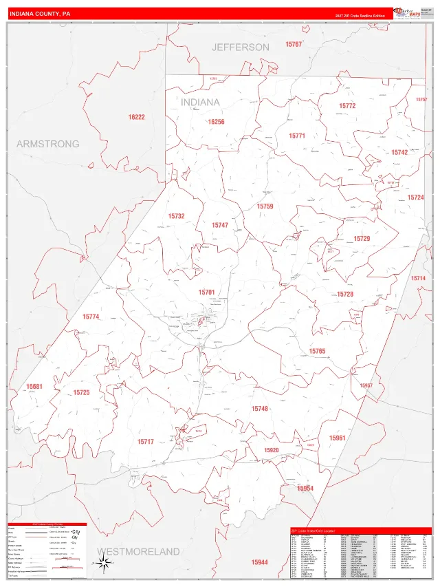 Indiana County, PA ZIP Code Wall Map, RedLine style