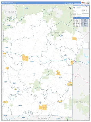 Jefferson County, PA Business Reference style ZIP Code wall map
