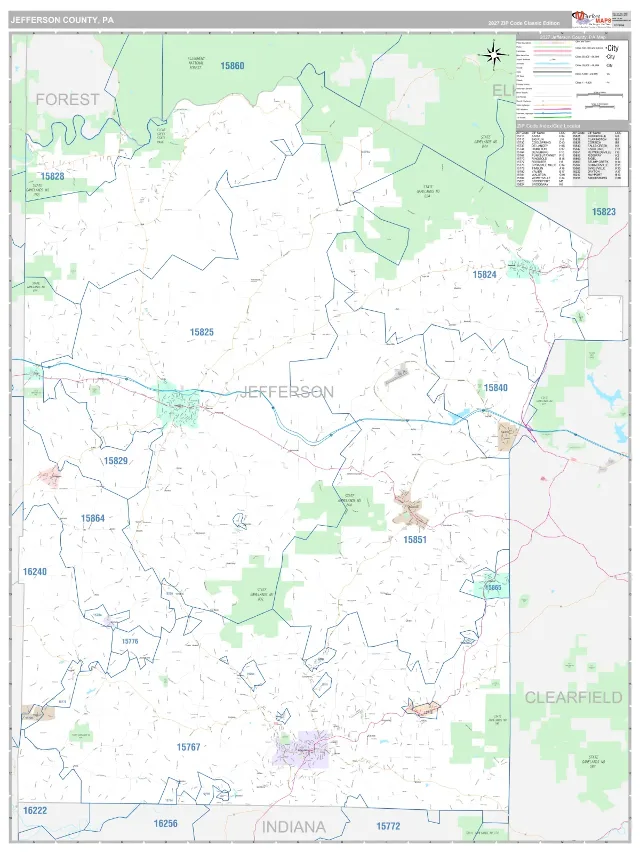 Jefferson County, PA ZIP Code Wall Map, Classic style