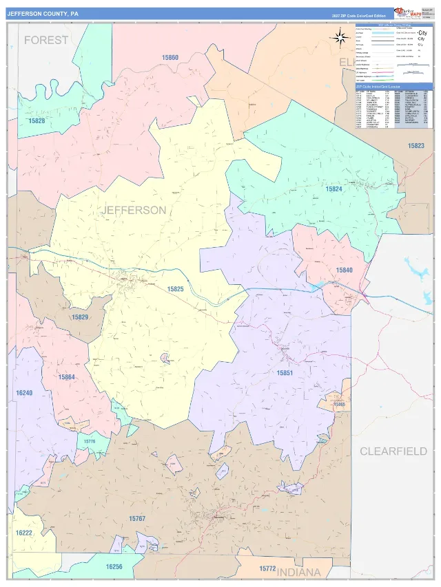 Jefferson County, PA ZIP Code Wall Map, ColorCast style