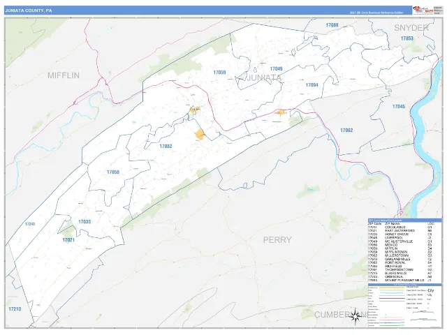Juniata County, PA ZIP Code Wall Map, Business Reference style