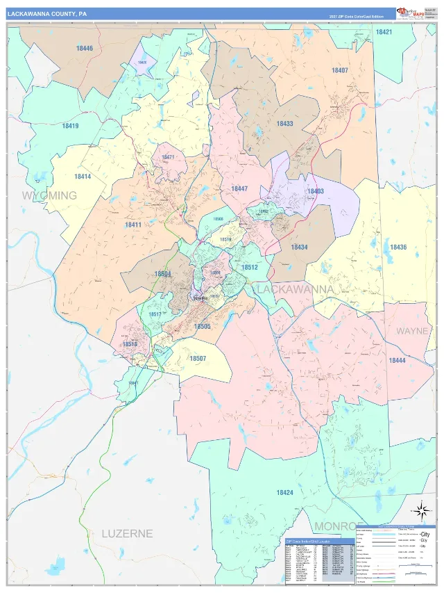 Lackawanna County, PA ZIP Code Wall Map, ColorCast style