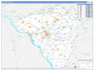 Lancaster County, PA Business Reference style ZIP Code wall map