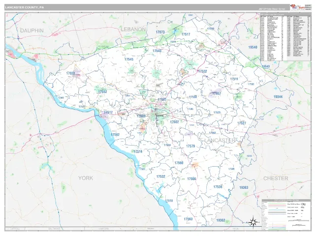 Lancaster County, PA ZIP Code Wall Map, Classic style