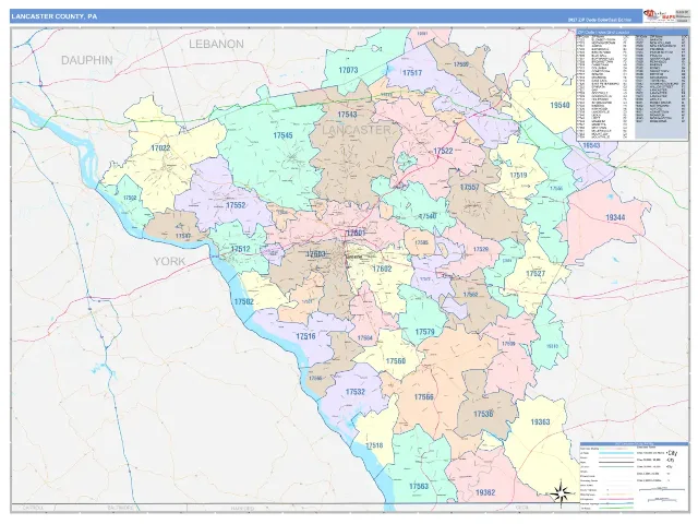 Lancaster County, PA ZIP Code Wall Map, ColorCast style