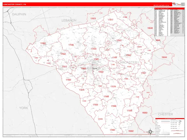 Lancaster County, PA ZIP Code Wall Map, RedLine style