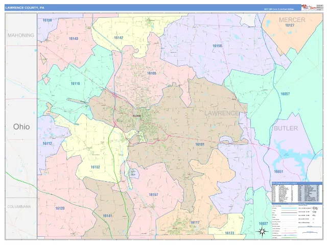 Lawrence County, PA ZIP Code Wall Map, ColorCast style