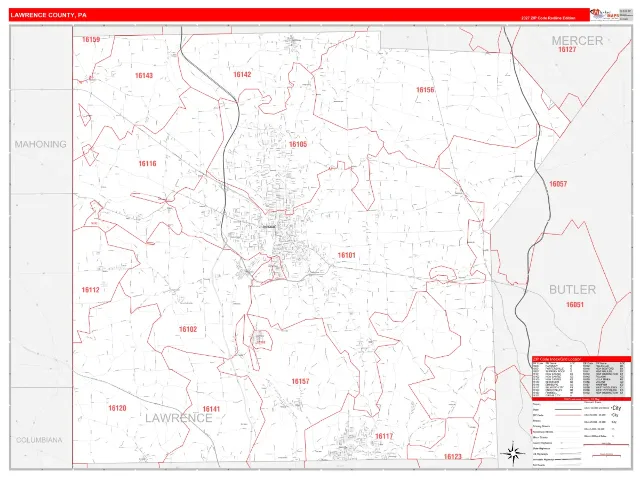 Lawrence County, PA ZIP Code Wall Map, RedLine style