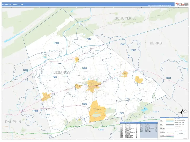 Lebanon County, PA ZIP Code Wall Map, Business Reference style