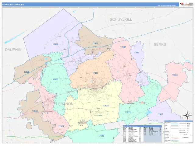 Lebanon County, PA ZIP Code Wall Map, ColorCast style