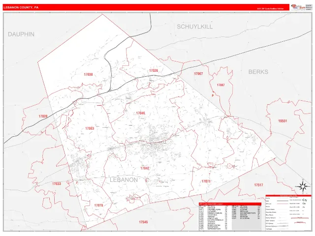 Lebanon County, PA ZIP Code Wall Map, RedLine style