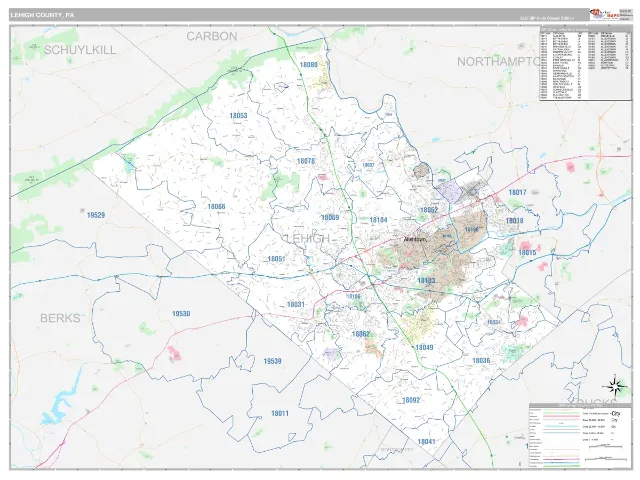 Lehigh County, PA ZIP Code Wall Map, Classic style