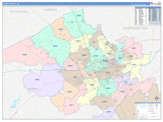 Lehigh County, PA ZIP Code Wall Map, ColorCast style