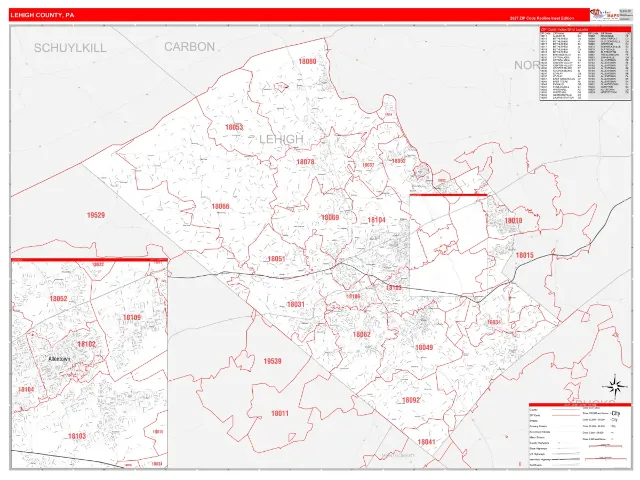Lehigh County, PA ZIP Code Wall Map, RedLine style