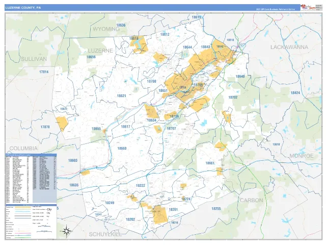 Luzerne County, PA ZIP Code Wall Map, Business Reference style