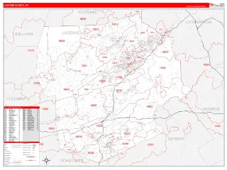 Luzerne County, PA RedLine style ZIP Code wall map