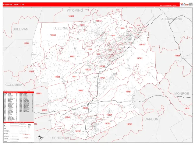 Luzerne County, PA ZIP Code Wall Map, RedLine style