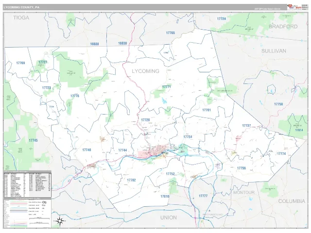 Lycoming County, PA ZIP Code Wall Map, Classic style