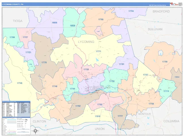 Lycoming County, PA ZIP Code Wall Map, ColorCast style