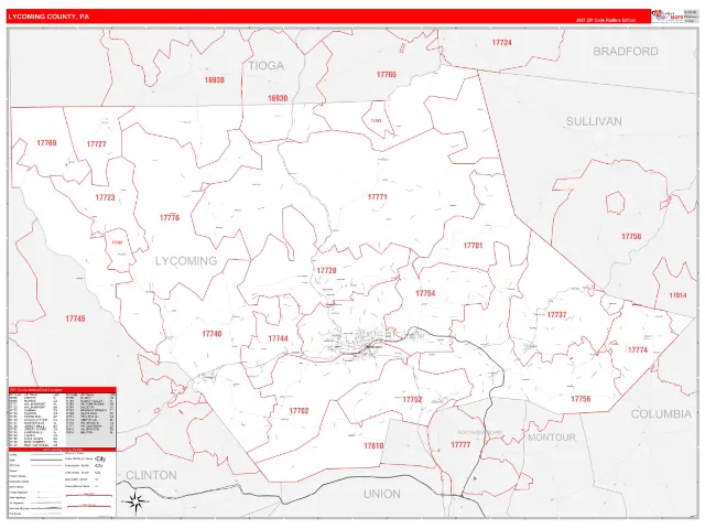 Lycoming County, PA ZIP Code Wall Map, RedLine style