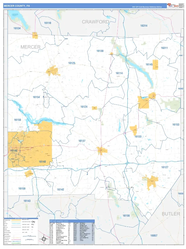 Mercer County, PA ZIP Code Wall Map, Business Reference style