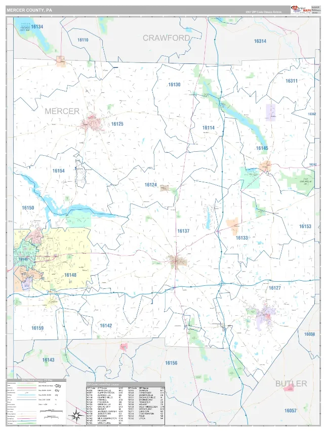 Mercer County, PA ZIP Code Wall Map, Classic style