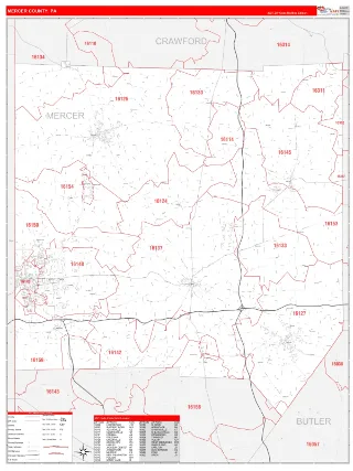 Mercer County, PA RedLine style ZIP Code wall map