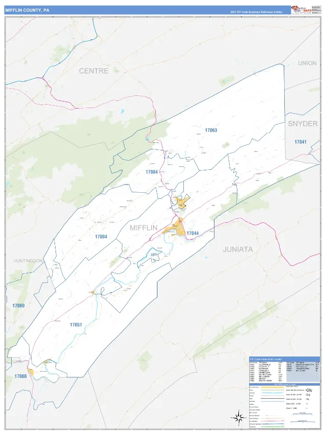 Mifflin County, PA ZIP Code Wall Map, Business Reference style
