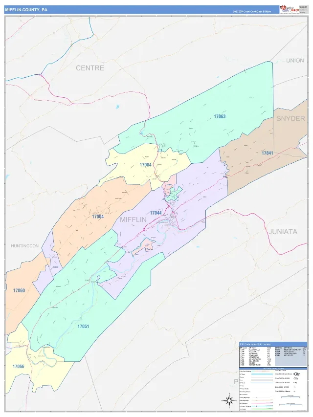 Mifflin County, PA ZIP Code Wall Map, ColorCast style