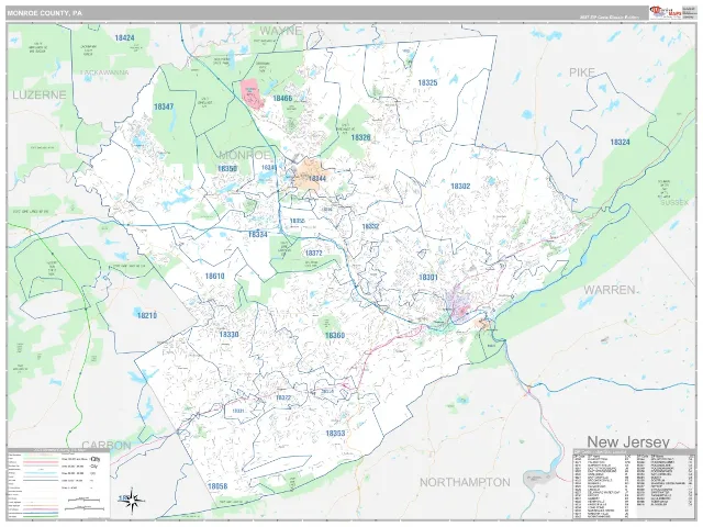 Monroe County, PA ZIP Code Wall Map, Classic style