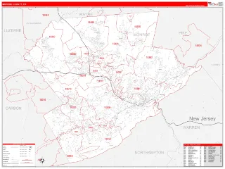 Monroe County, PA RedLine style ZIP Code wall map