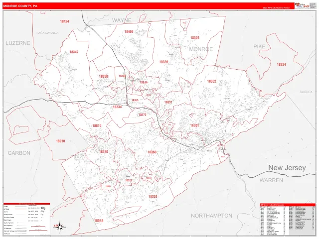 Monroe County, PA ZIP Code Wall Map, RedLine style