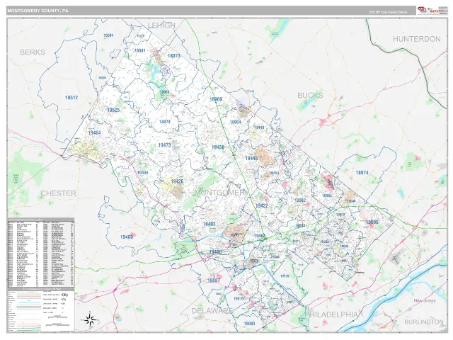 Montgomery County, PA ZIP Code Wall Map, Classic style